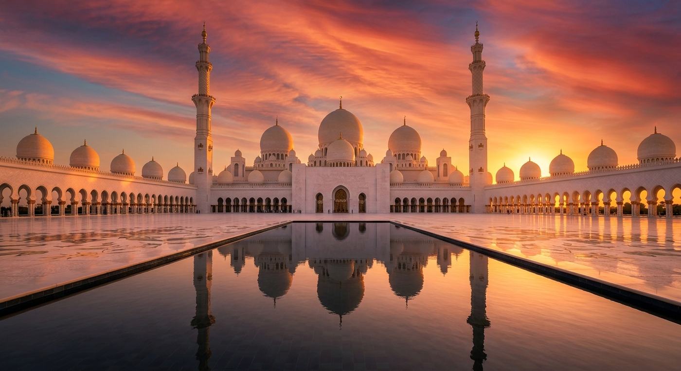 Sheikh Zayed Grand Mosque at sunset in Abu Dhabi
